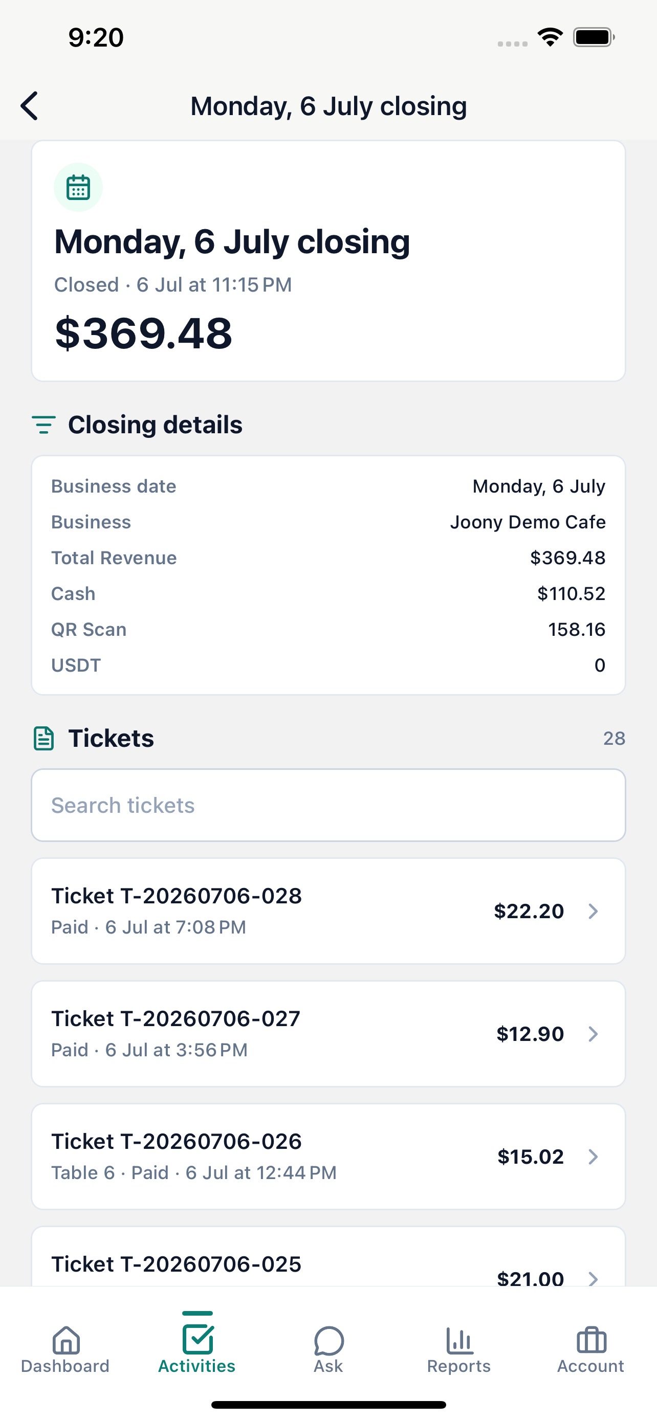 Review a closing, then inspect its paid tickets.